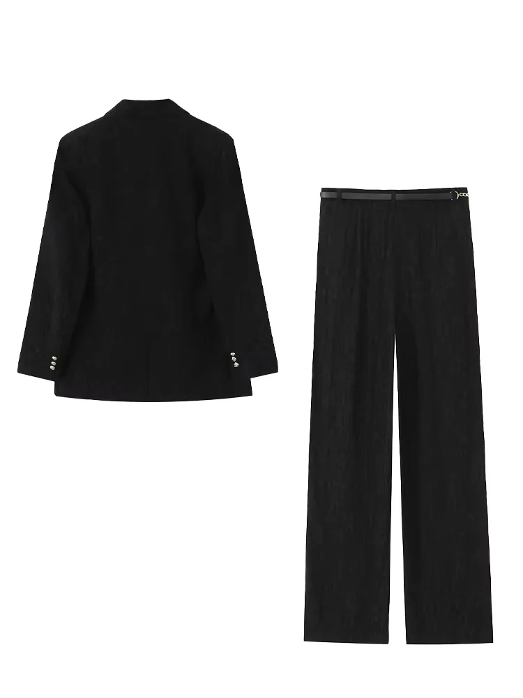 HH Women Fashion Pants Suit Long Sleeve Single-breasted Lapel Pocket Shoulder Pad Blazer Jacket+Zipper Chain Matching Pants