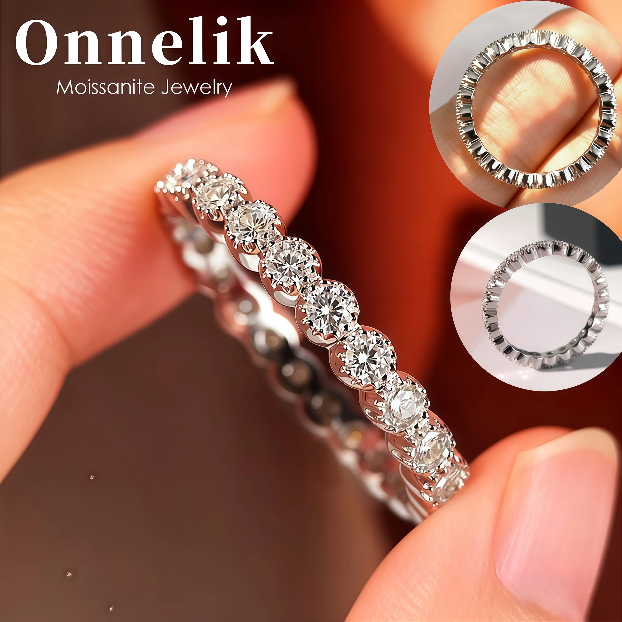 

Onnelik S925 Sterling Silver 0.03CT Full D Moissanite Ring Dainty Stacking Band Minimalist Luxury Everyday Jewelry for Women