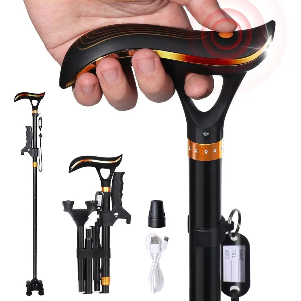 

Adjustable Height Folding Cane with Light, Alarm, Cushioned Handle & Swivel Base for Men & Women