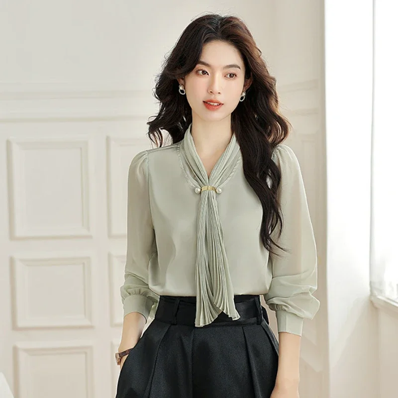 2024 Spring Autumn New Women's Blouses Ribbon Long Sleeve Blouse Shirt OL Casual Women Clothing Luxury Pearl Button Ladies Tops