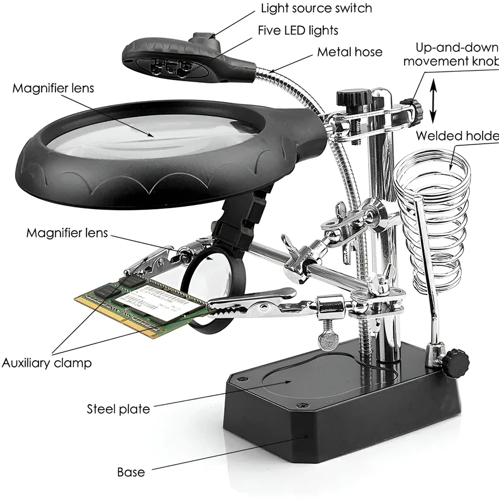 Welding Magnifier Magnifying Glass with 5 LED Light 5X-8X Lens Auxiliary Clip Loupe Desktop Soldering Repair Tools Set