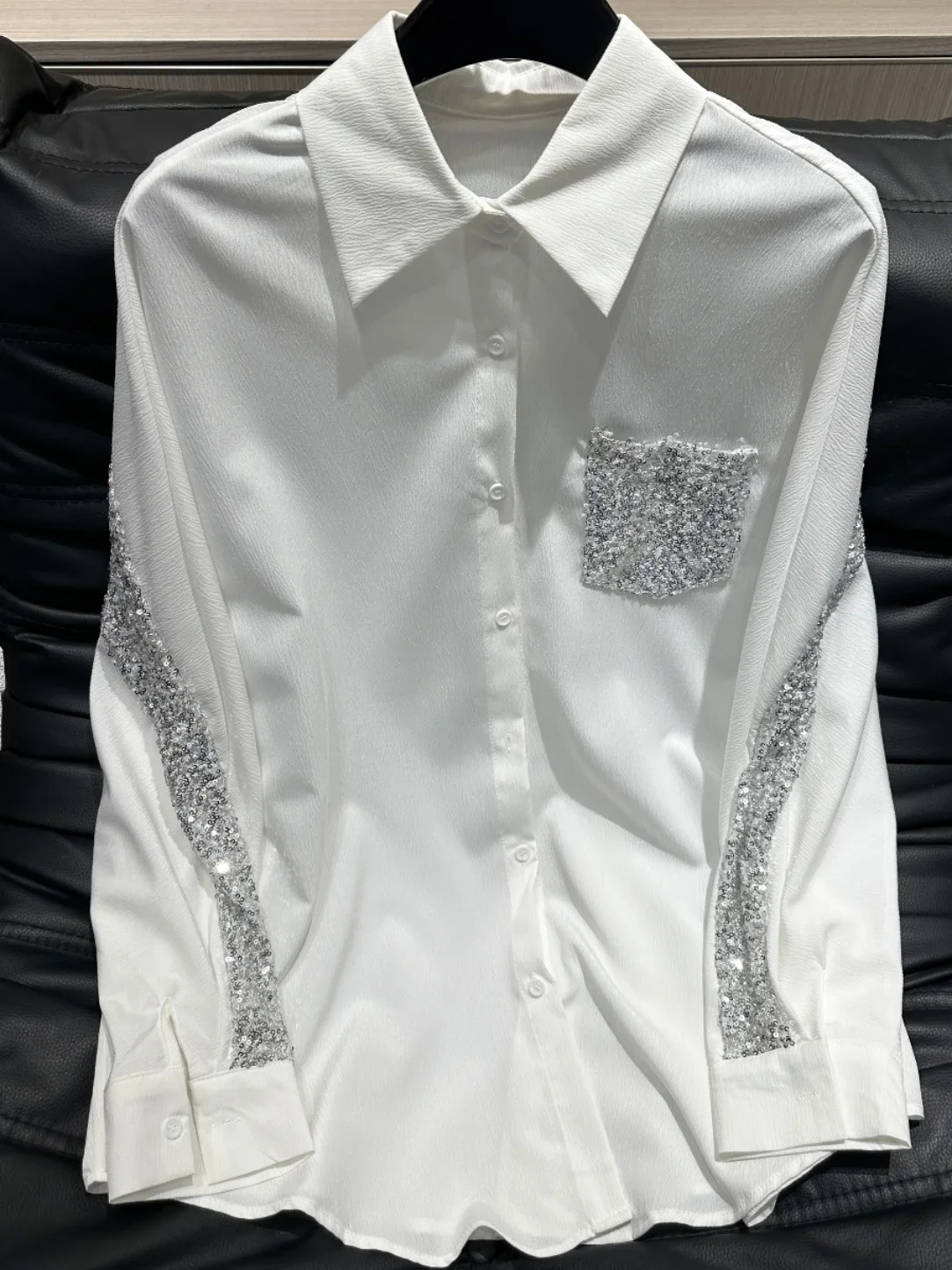 Heavy Industry Sequined Splicing White Shirt Female 2024 New Casual Long-sleeved Shirt Spring and Autumn Lapel Womens Tops