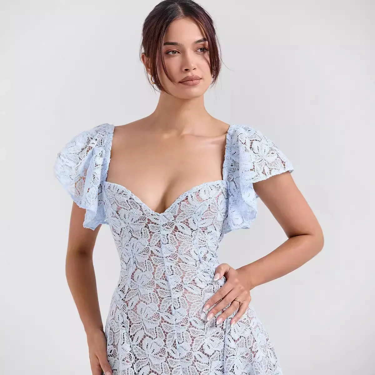 Suninheart-vestido elegante de encaje para mujer, vestidos de fiesta de vacaciones con manga acampanada azul, novedad de 2024