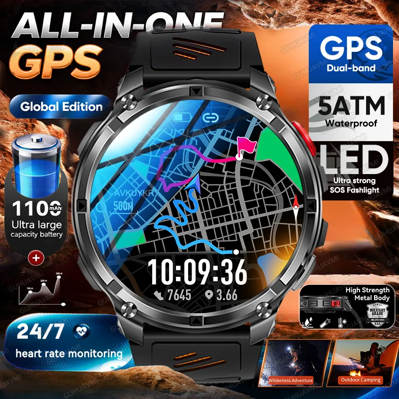 

Новые военные смарт-часы 2026 года с аккумулятором 1100 мАч, фонариком, водонепроницаемостью 5ATM, AMOLED-экраном 1,7 дюйма, GPS, для спорта и активного отдыха