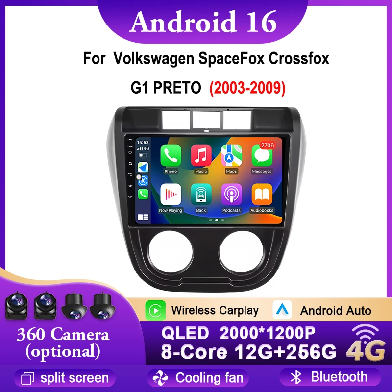 Android 16 para Volkswagen SpaceFox Crossfox G1 PRETO 2003-2009 Tela QLED Carplay Rádio Automotivo Multimídia Navegação GPS BT