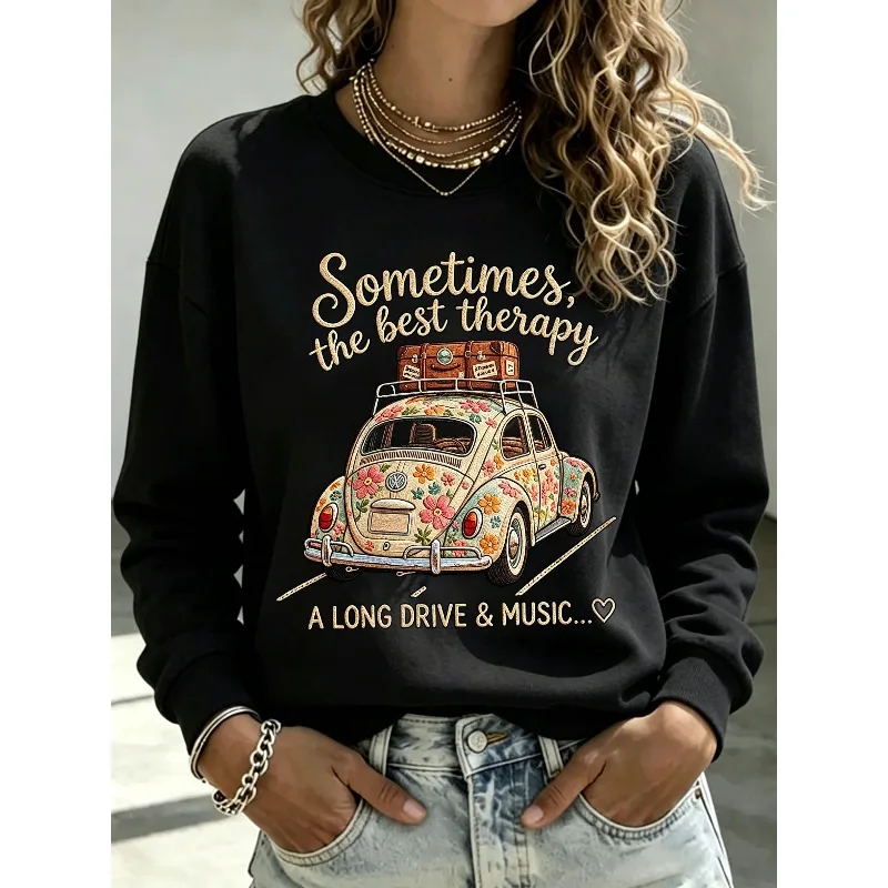 ilstile Women's Hippie Car Print Sports Hoodies Autumn Winter Outdoor Long Sleeve Casual Loose Round Neck Sweatshirts Hot Sale