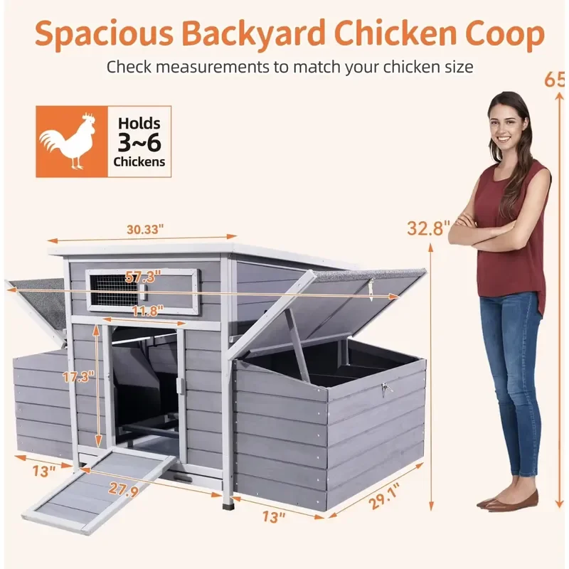 Large Wooden Chicken Coop with Removable Roof and Nesting Box Easy Clean Side Doors for Backyard Poultry Hen House Farm