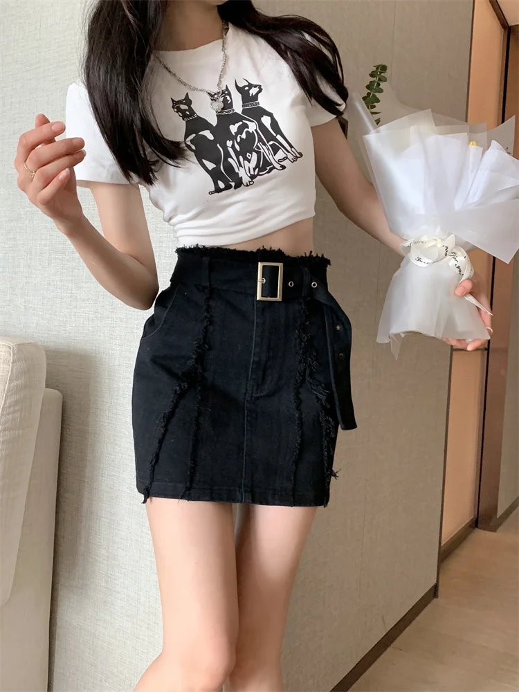 Summer Black Frayed Denim Short Skirt for Women High-Waisted with Belt A-Line Skirt That Covers the Hips Slimming Durable Good Quality