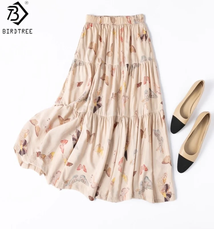 

Birdtree 70% Mulberry Silk 30% Cotton Butterfly Print Skirt,Women Silk Blend Elastic Waist Elegant Dress With Pocket D59133JF