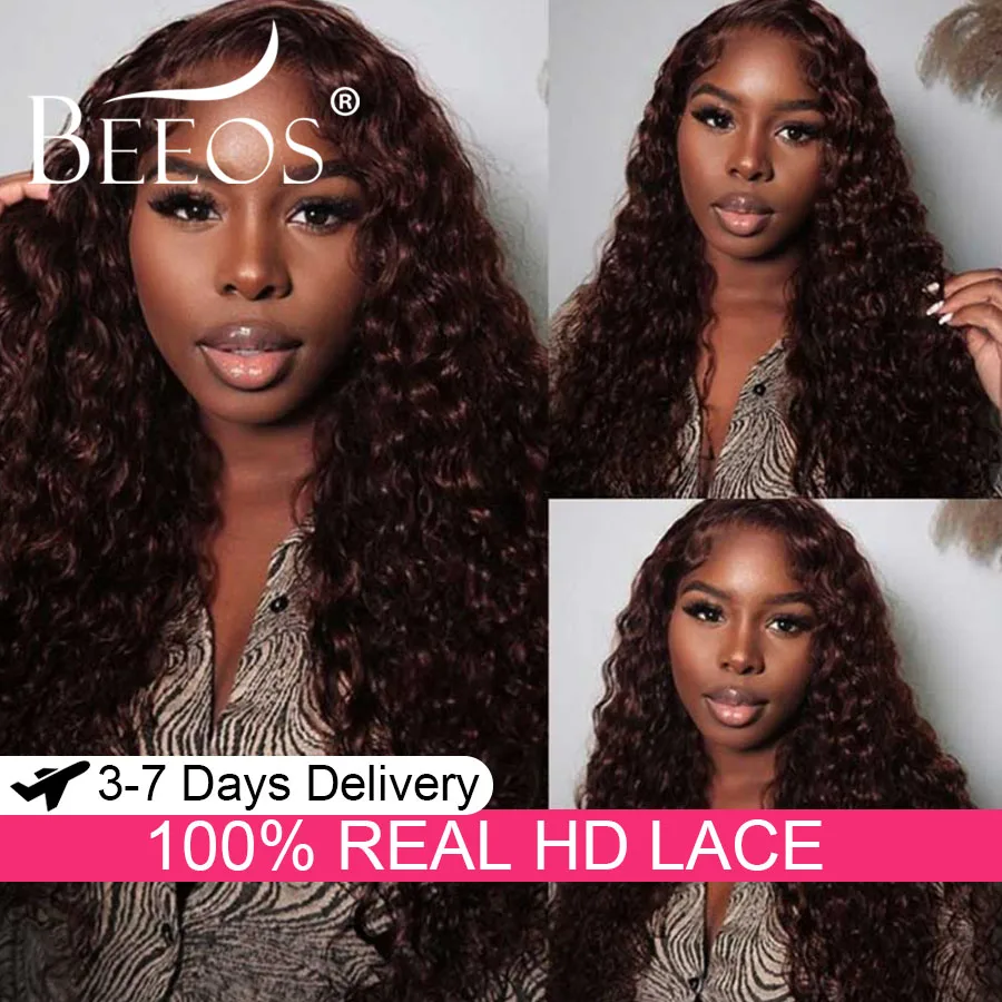 250% 13X6 HD Lace Full Frontal Wig Human Hair Dark Brown Water Wave Melt Skin Colored Curly Pre Plucked For Women Brazilian Hair