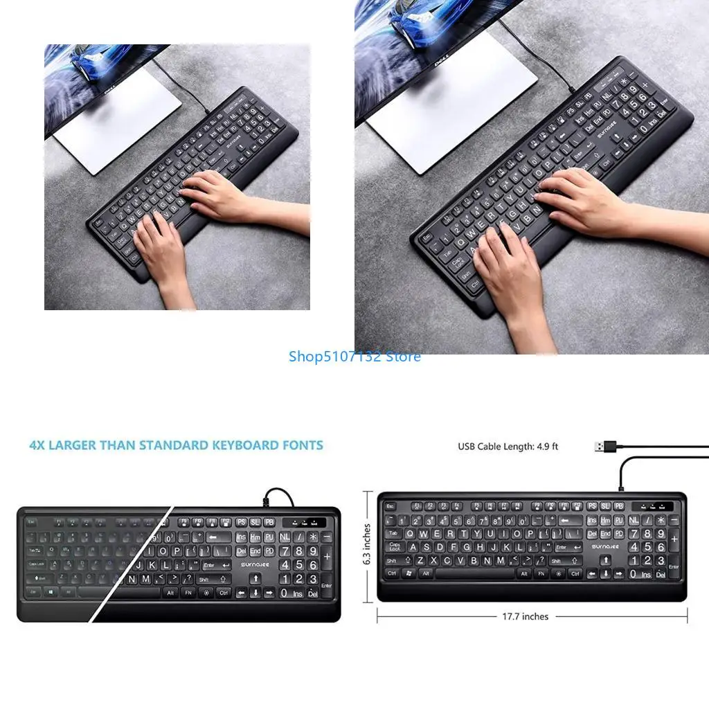 

87HD 104 Keys Full Size Computer Keyboard Large Font Print USB LED Backlit Keyboard