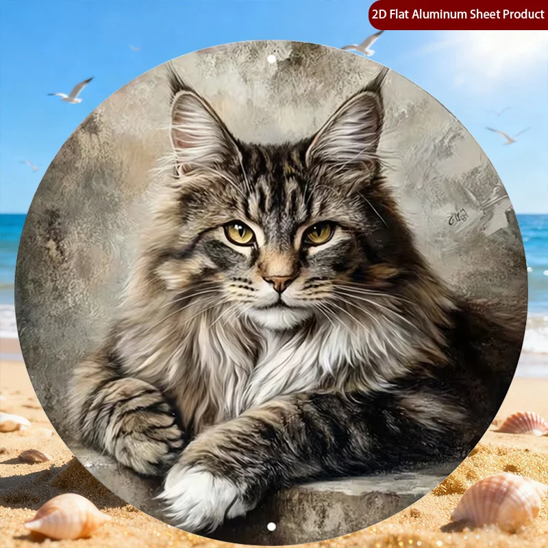 2D Flat, 1pc Long Haired Cat Round Sign,Detailed Portrait Decorative Plaque,y Fur Round Plaque, Majestic Feline Metal Wall Decor