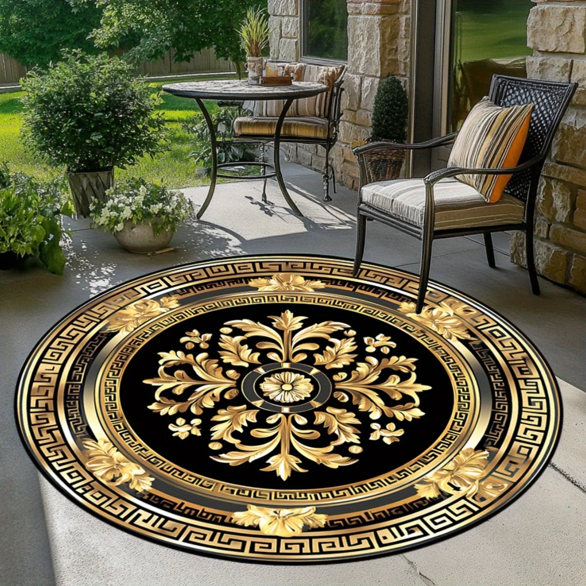 Retro Black Gold Floral Round Rug -Polyester Machine Made Mat, Intricate Pattern for Table Living Room, Easter Spring Home Decor