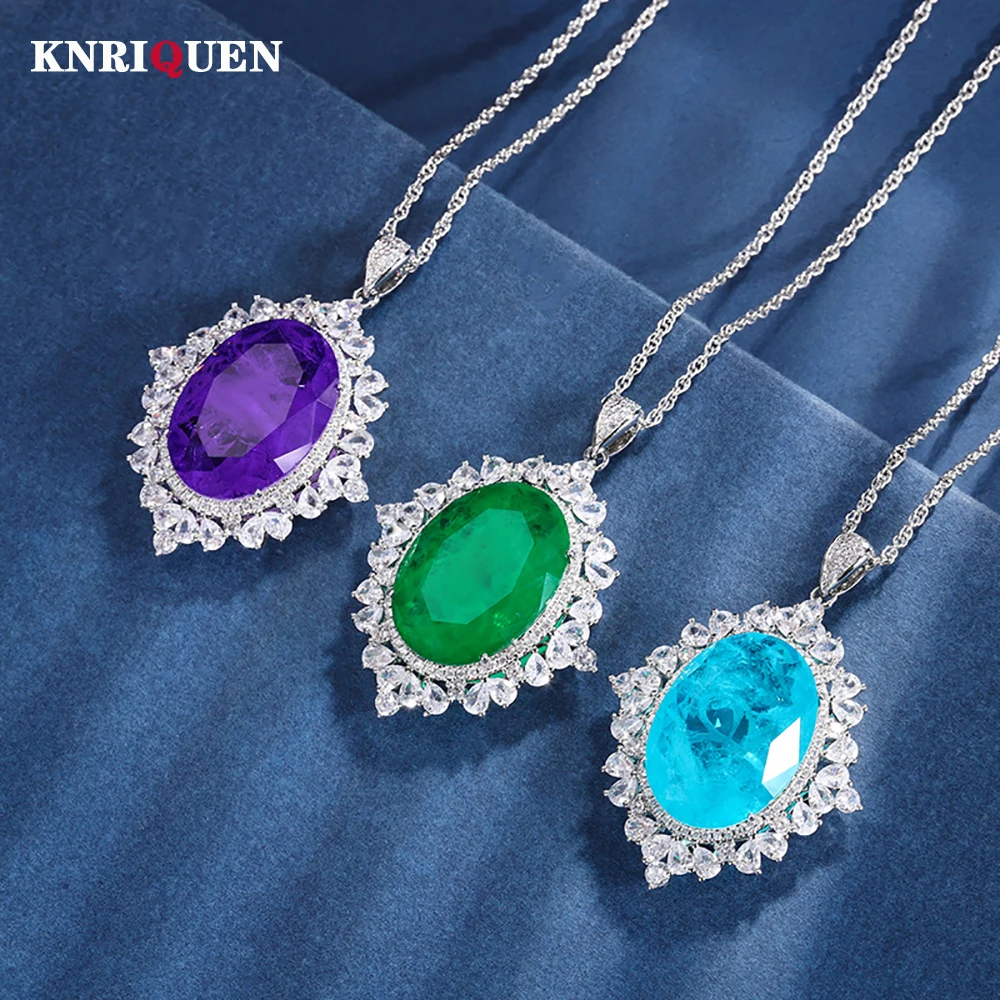 

Vintage 18*25mm Emerald Amethyst Paraiba Tourmaline Pendant Necklace for Women Gemstone Lab Diamond Cocktail Party Fine Jewelry