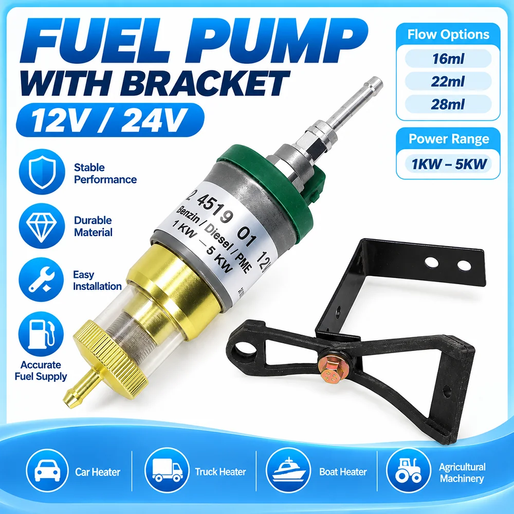 Diesel Fuel Pump+Bracket 16/22/28ml 12V 24V for 1-5KW Webasto Eberspacher Air Heater Compatible with Most 1-5KW Diesel Heaters