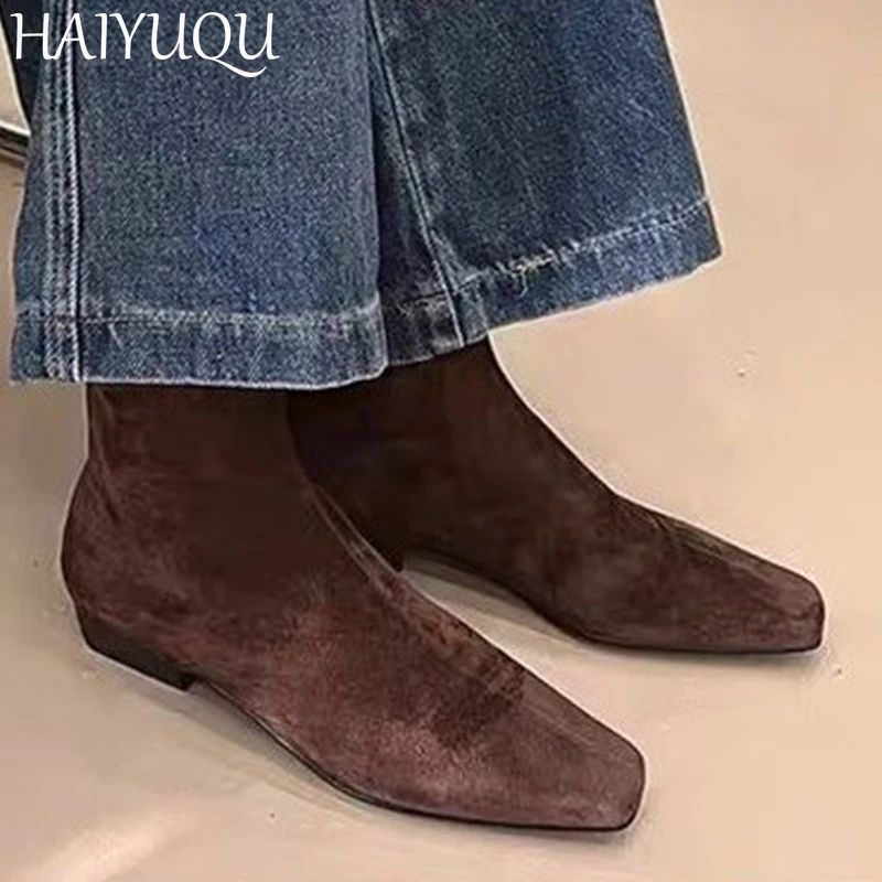 Women Suede Ankle Boots Flats Square Toe Fashion Shoes Woman Trend Chelsea Boots Cozy New Walking Brand Warm Mujer Snow Botas