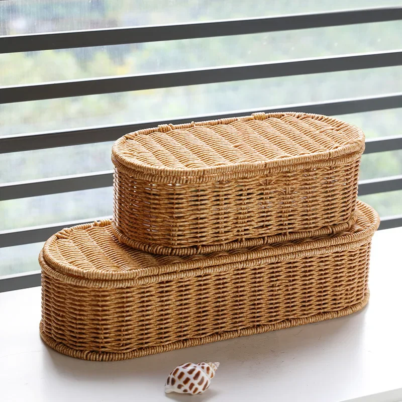 

Storage Bins Lids Rattan Box Sundry Container Desktop Woven Basket Decorative Sundries Holder Organizer