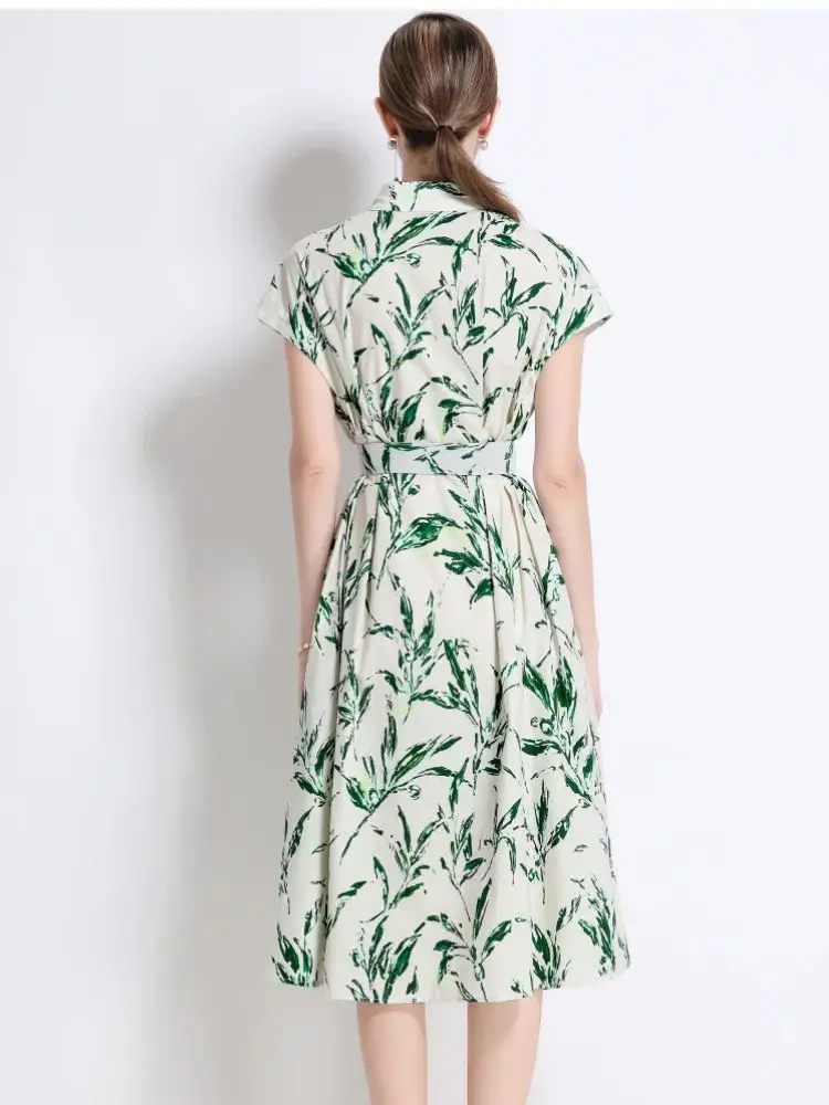 Robe mi-longue imprimée Vintage pour femmes, élégante, revers, manches courtes, ceinture, chemise de vacances, vêtements de Festival décontractés