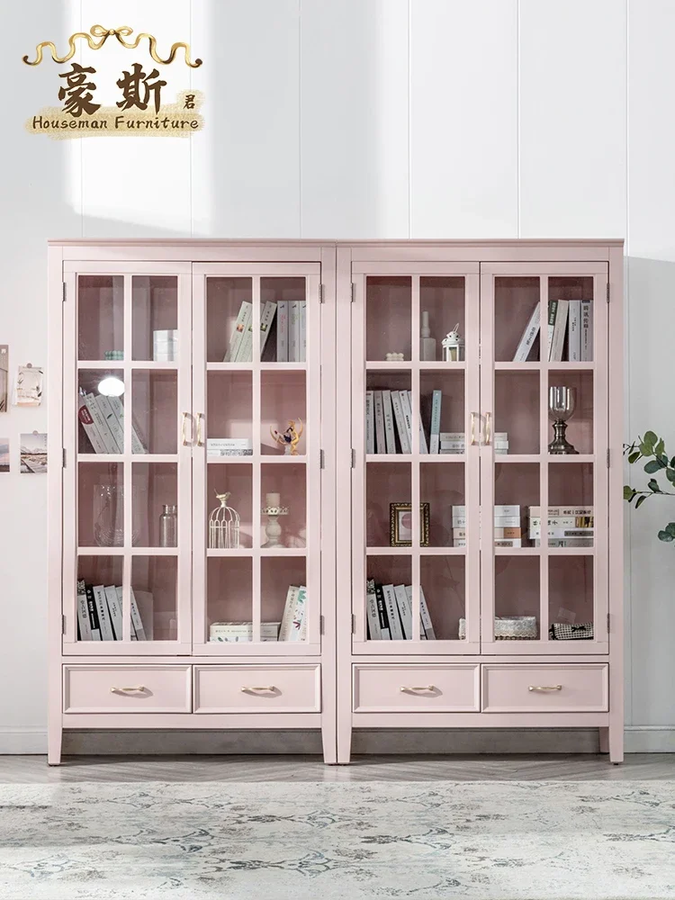 Bookcase Dust Belt Glass Door Floor-Standing Rack Bookshelf Pink Storage High Cabinet Solid Wood Bookcase