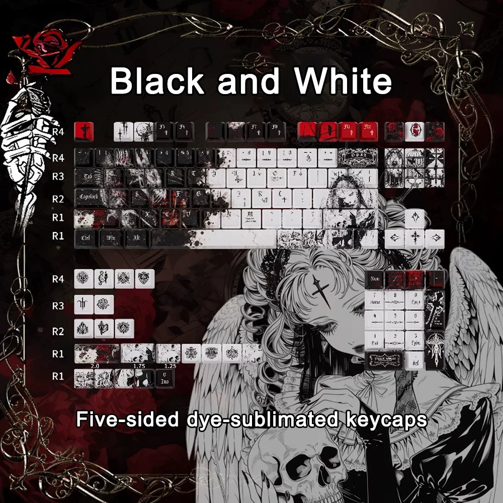 PBT Keycaps Mechanical Keyboard 124 Keys Cherry Profile Black White Dark Theme Dye Sub MX Switch Compatible Gaming Keycap Set
