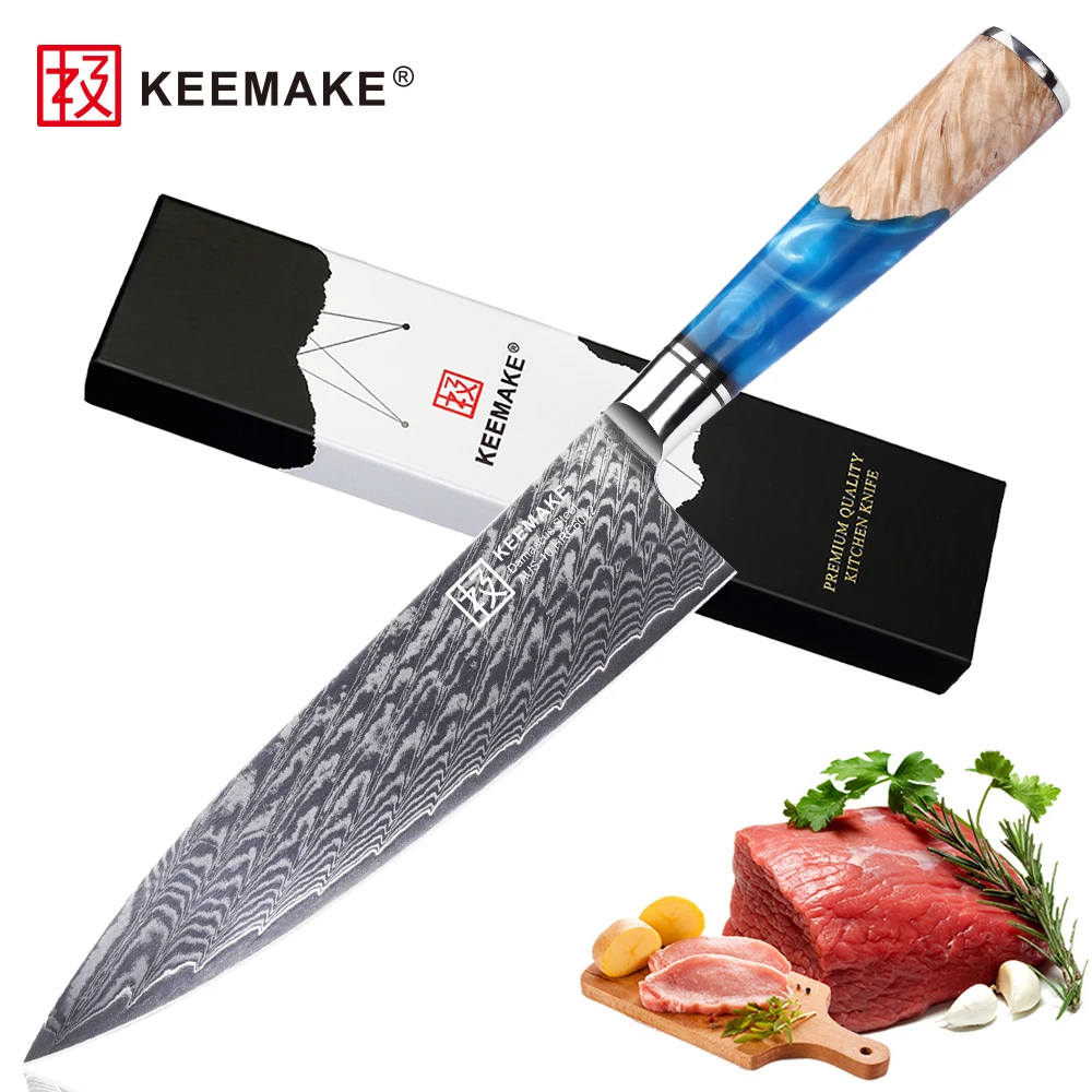 KEEMAKE 8\'\' inch Chef Kitchen Cooking Damascus Steel Knife Blue Resin Handle Slicer Meat Cutting Fruit Vegetable Fish Chopper