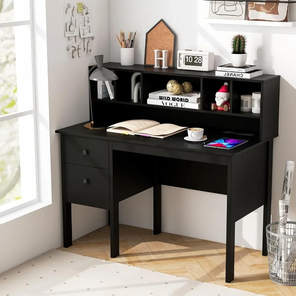 Bureau d'ordinateur de bureau à domicile moderne, prises de courant, ports USB et type-c, 5-Cubby Hutch