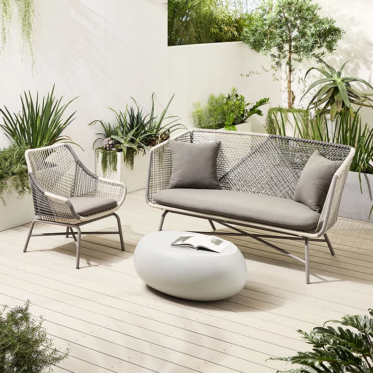 Modern outdoor rattan metal frame high back double sofa with braided rope