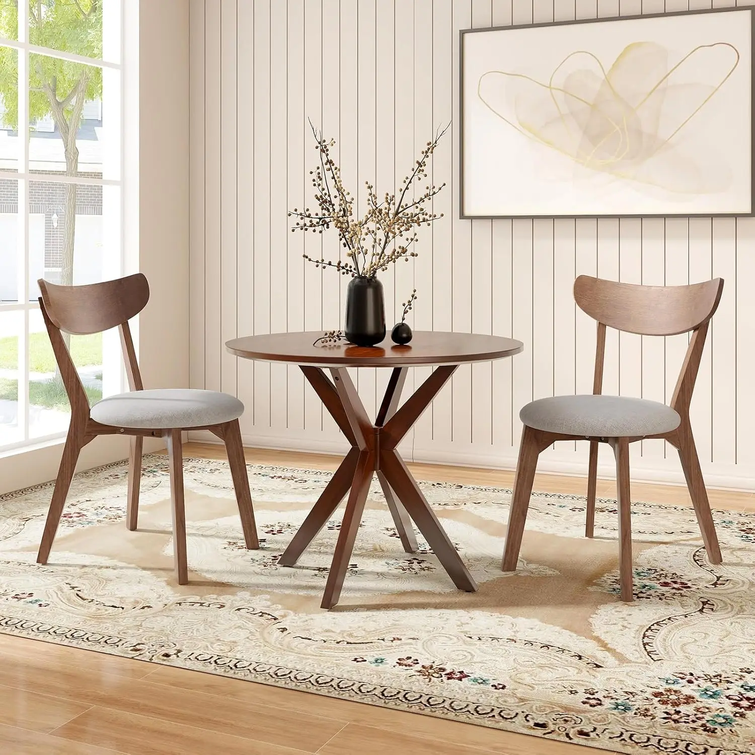 Dining Table Set for 2, Small Kitchen Table Chairs Set of 2, Mid-Century Wooden Round Dining Table and Two Dining Chairs for Din