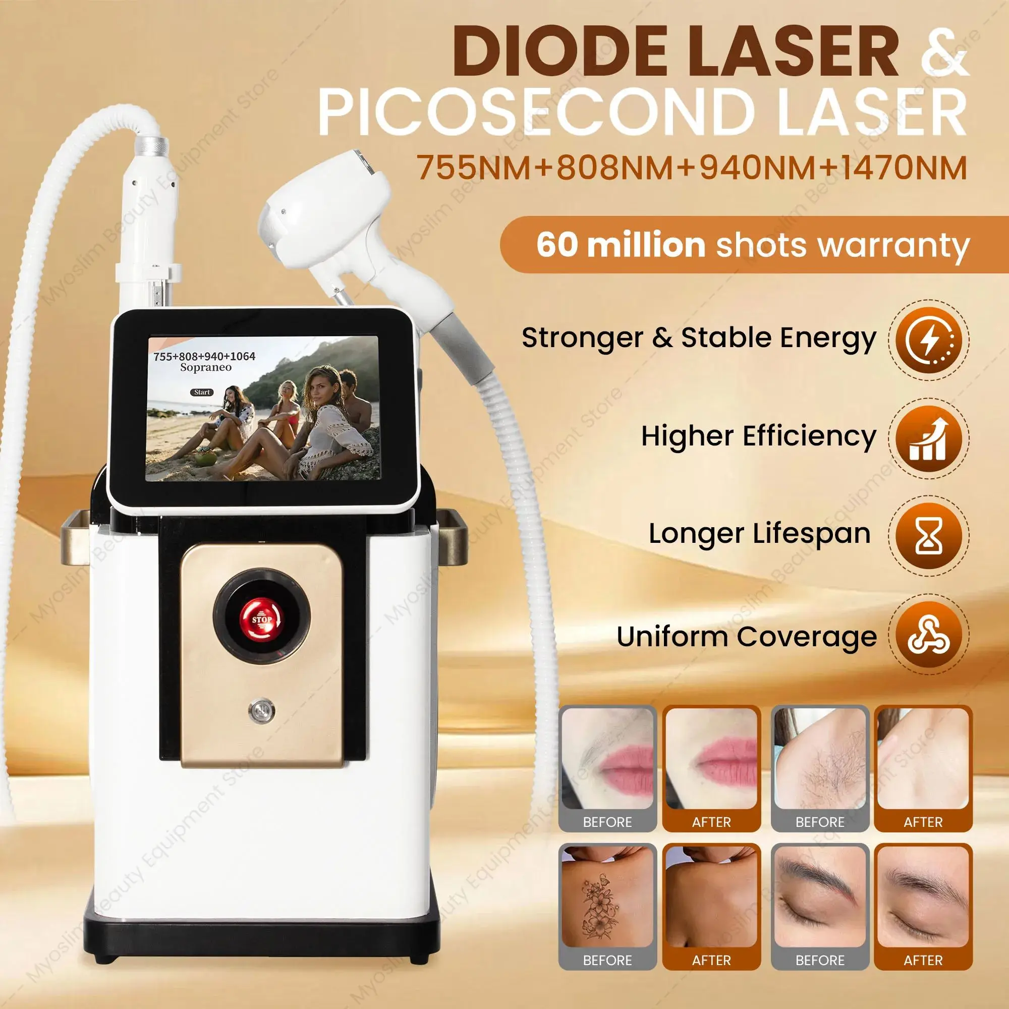 Soprano 2-in-1 Laser Hair Removal Device 808nm Picosecond Diode for Permanent Hair Reduction And Tattoo Removal ND YAG