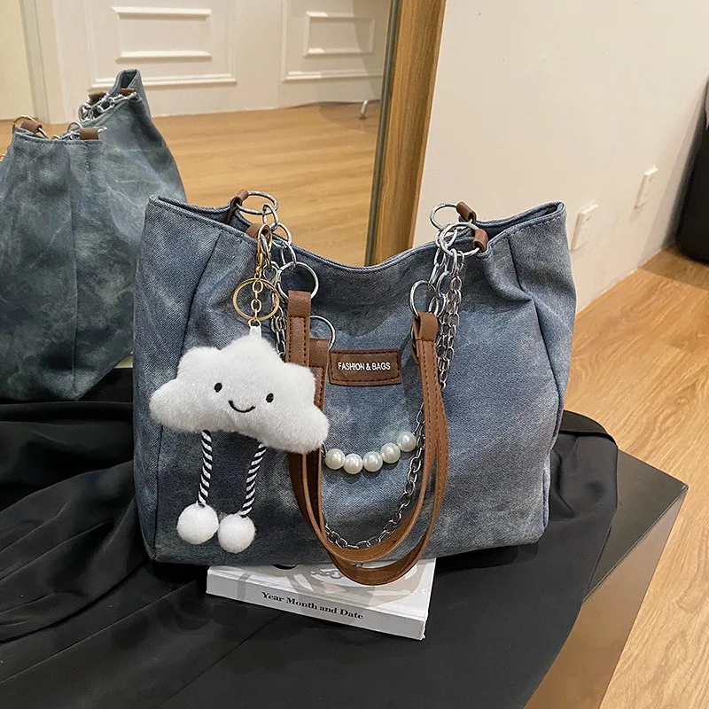 Women Tie Dye Denim Shoulder Bag with Cloud Pendant Pearl Chain Casual Daily School Handbag Shoulder Bags for Women's Totes Bags