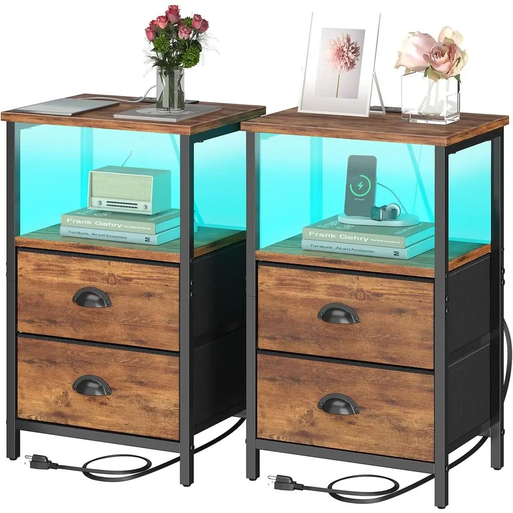 

Industrial 2-Piece Nightstand Set with Fabric Drawers, 3-Tier Storage, LED Light, Charging Station, 11.38D x 15.38W x 24.75H