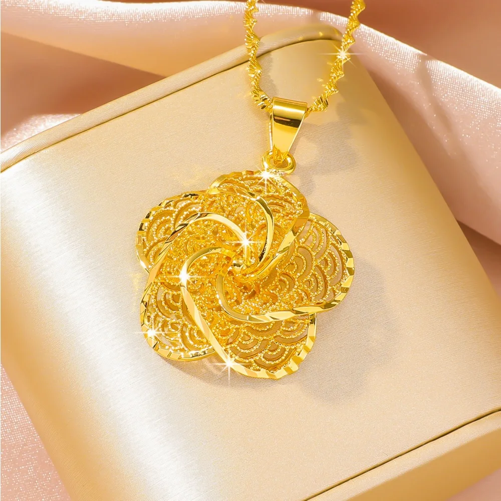 9999 24K real gold niche design jewelry hollow out large flower pendant necklace fashionable light luxury high-end necklace