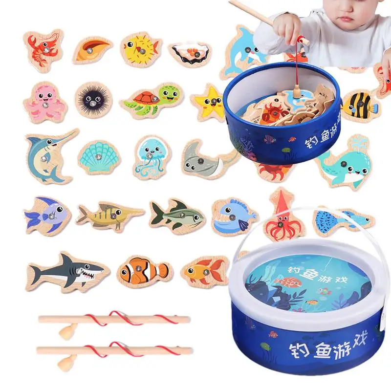 Jeu de pêche magnétique en bois pour parents et enfants, panier coule pour l'éducation précoce, accessoires de jouets de poissons pour les activités de plein air