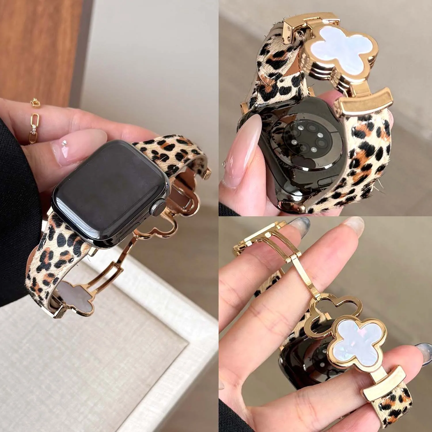 Tali Magnetik Kulit Leopard untuk Apple Watch S11 46/42Mm Ultra 49Mm 45/44/41/40/38Mm Tali Wanita untuk IWatch Full Range S9 S8
