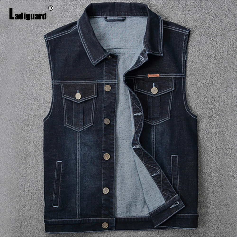 Ladiguard Men Denim Jackets Sleeveless Blue Jean Kpop Style 2022 Single breasted Vest Clothing Mens Fashion Short Jeans Jacket