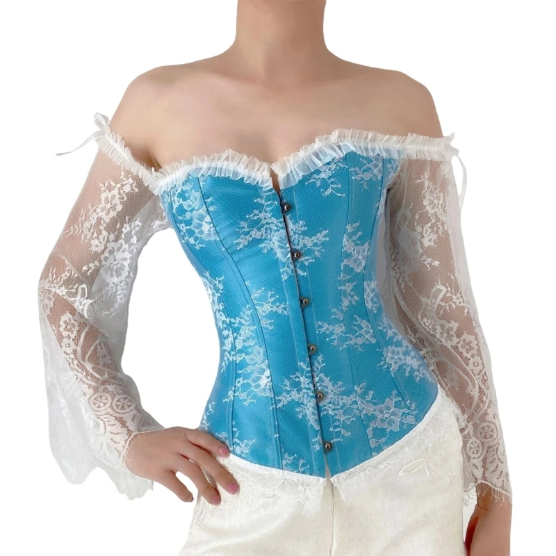 Französische Waspie Crops Tops Courtstyle Spitzenärmel Korsett Retro Cosplay Party Dressing Cincher Viktorianisches Bustier