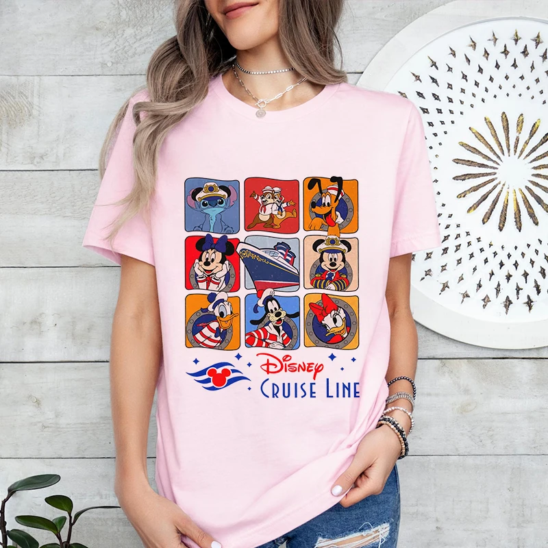 Cute Disney Cruise Line Mickey and Friends Printed Women's T-Shirt Pure Cotton Short Sleeve Casual Top Loose Clothing