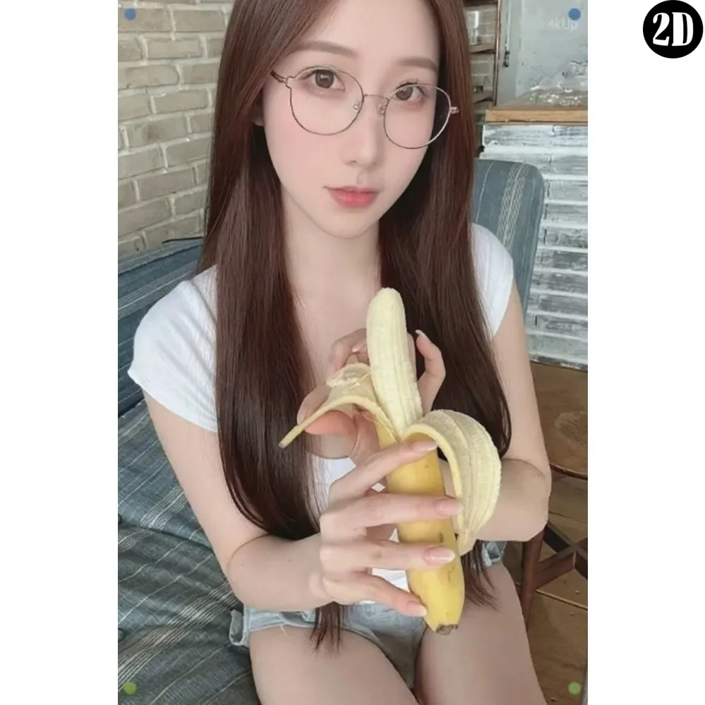 Cute Asian Girl With Glasses Holding Banana Indoor Portrait Photograph