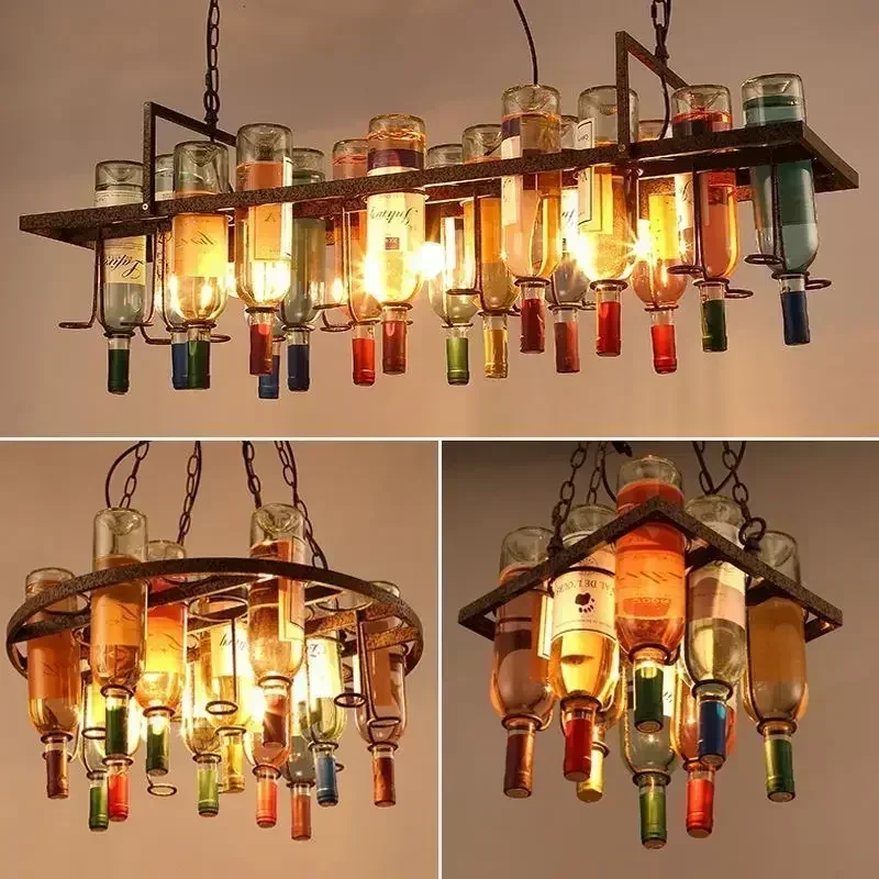 American Retro Industrial Rust Metal Colored Wine Bottle Glass Chandelier Coffee Shop Bar Restaurant LED Decorative Pendant Lamp