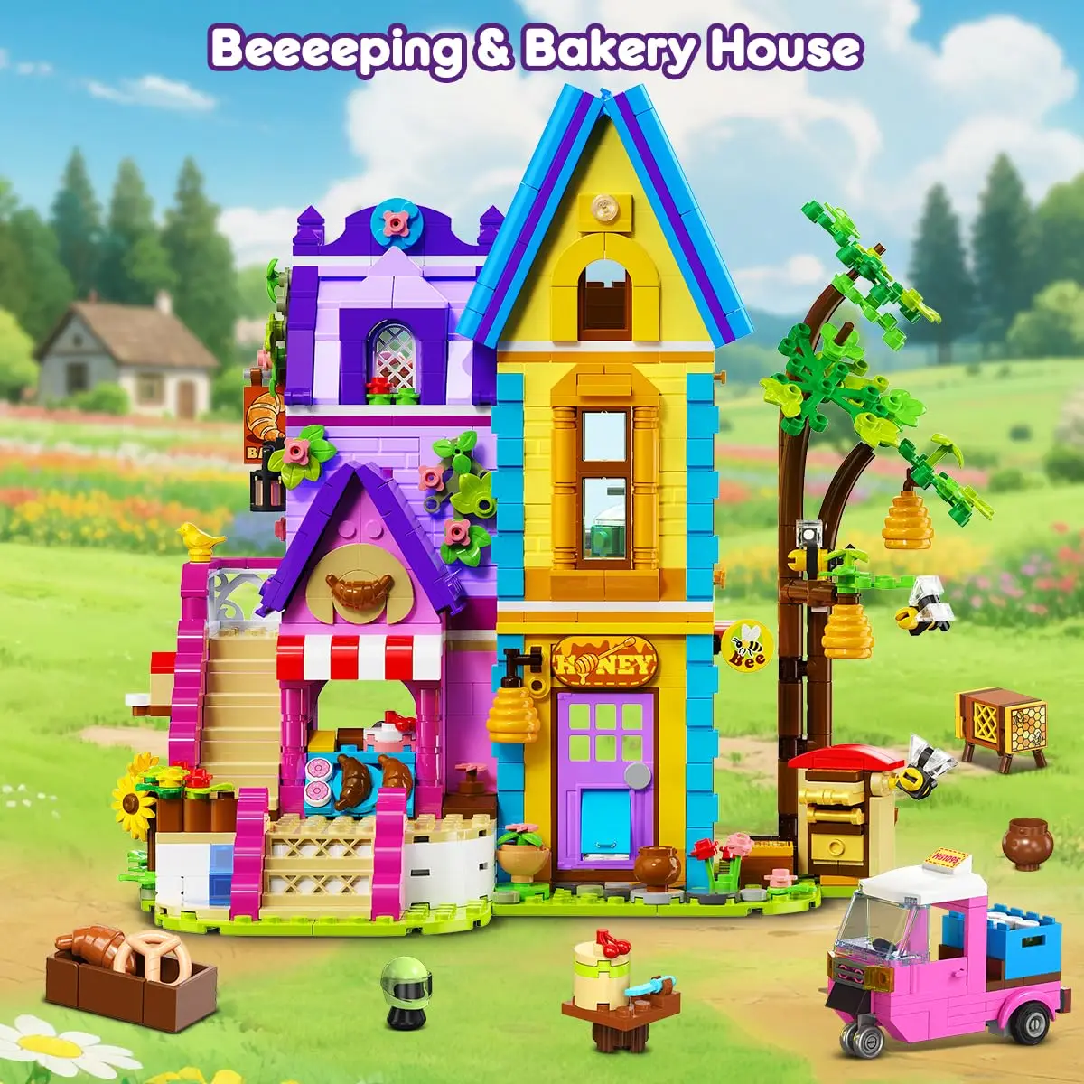 

Игрушка-конструктор HOGOKIDS Beeeing & Bakery со светодиодной подсветкой - друзья, выпечка для девочек с медовой мастерской, ролевые игры на день рождения для детей
