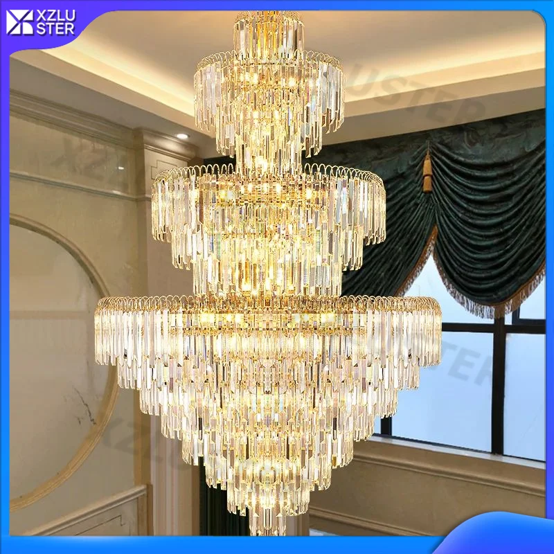 2026New European Villa Building Middle Floor Living Room LED Crystal Lamp Hall Long Chandelier LuxuryDuplex Large Chandelier