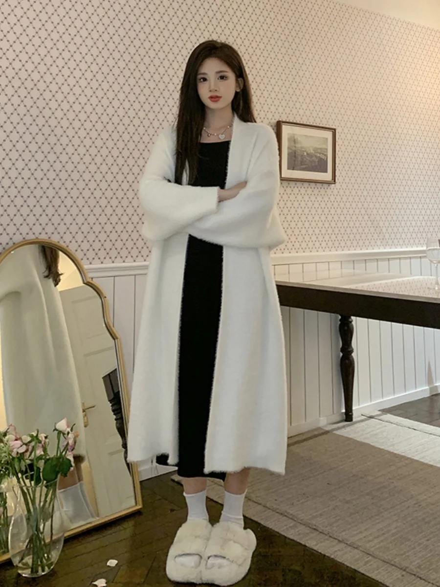 

Pure Desire Sweet Spicy Split Strap Dress Set Women's Autumn Winter New Medium Length Lazy Knitted Sweater Coat