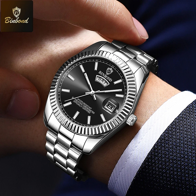 BINBOND Luxury Sport Wrist Watch For Man Waterproof Luminous Date Men Watch Quartz Stainless Steel Men's Watches Male Reloj