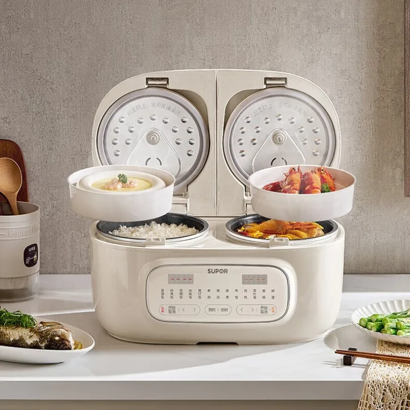 Double-pot rice cooker, multi-functional, intelligent, timer, dual control, two-in-one, upper and lower heat sources.