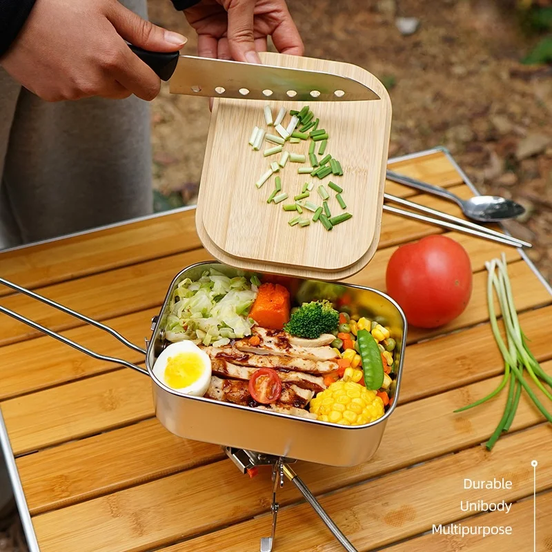 

304 Stainless Steel Lunch Box Outdoor Bamboo Wooden Plate Lid Bento Box Camping BBQ Soup Pot Portable Picnic Lunch Box