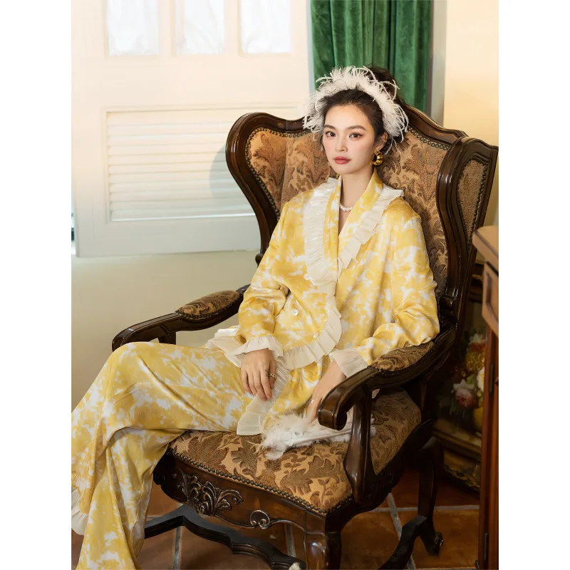 

Luxury Satin Pyjamas Yellow Flower Print Pajamas Suit Satin Nightwear Women Home Clothes Casual Loungewear Ruffle Collar Pyjamas