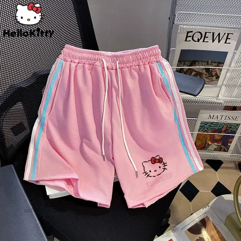 

Женские спортивные шорты с принтом Sanrio, Hello Kitty, летние новые универсальные свободные Капри с высокой талией и широкими штанинами для студентов