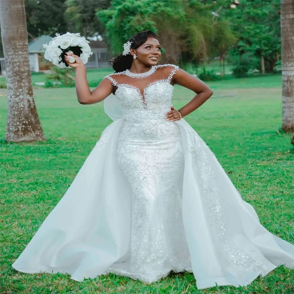 

Customized O-Neck Cap Sleeves Trumpet Wedding Gowns For Bride Shinny Pearls Beads Arabic Aso Ebi Garden Country Bridal Gowns