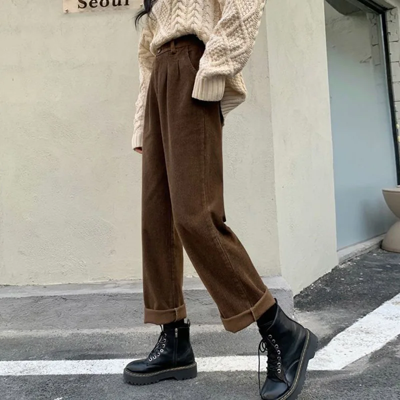 

Vintage Corduroy Pants High Waist Spring Straight Trousers Causal Pockets All Match Female Black Korean Pants