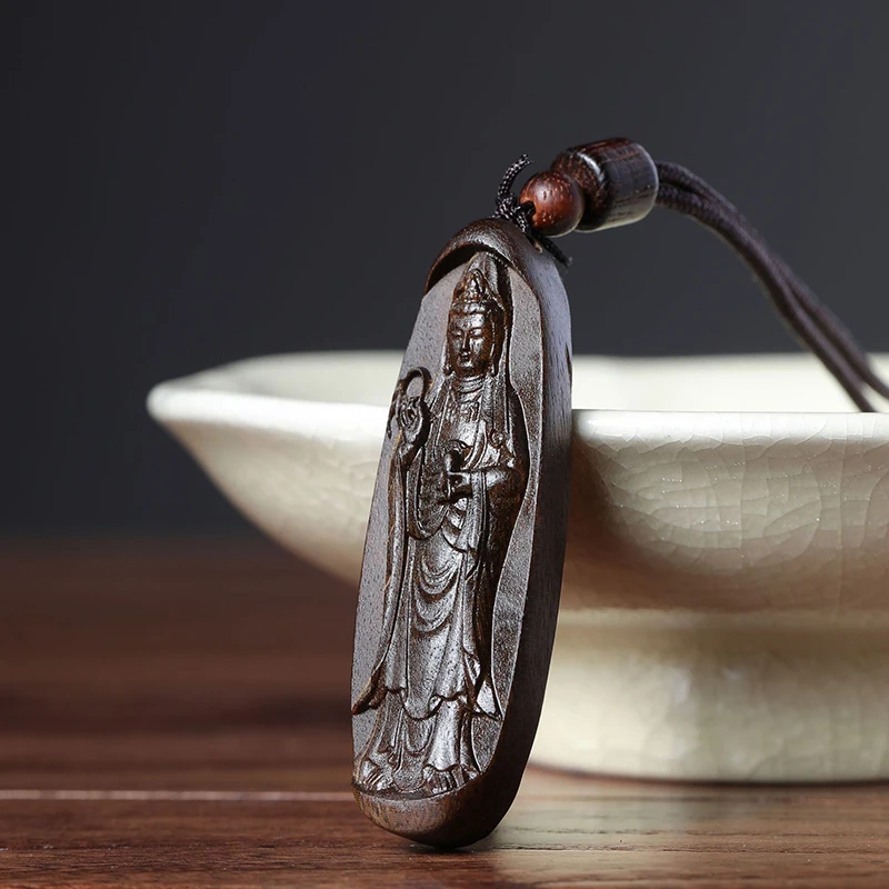 Hot sale Agarwood Carved Flower Buddha Statues Pendant Handle Piece Double-sided Carved Lucky Nafu Ping An Brand Wen Play Wood